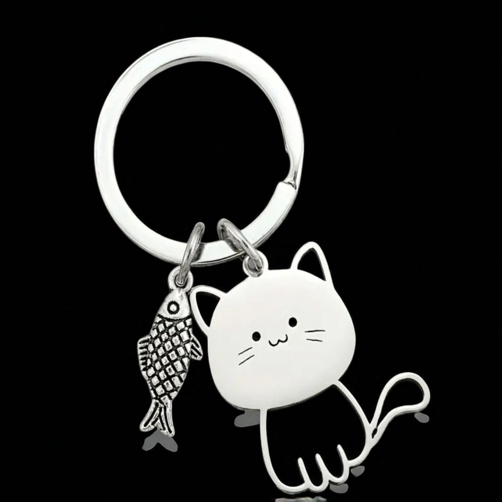 Cute Cat Keychain Kawaii Sitting Cat Titanium Silver Bag Charm New